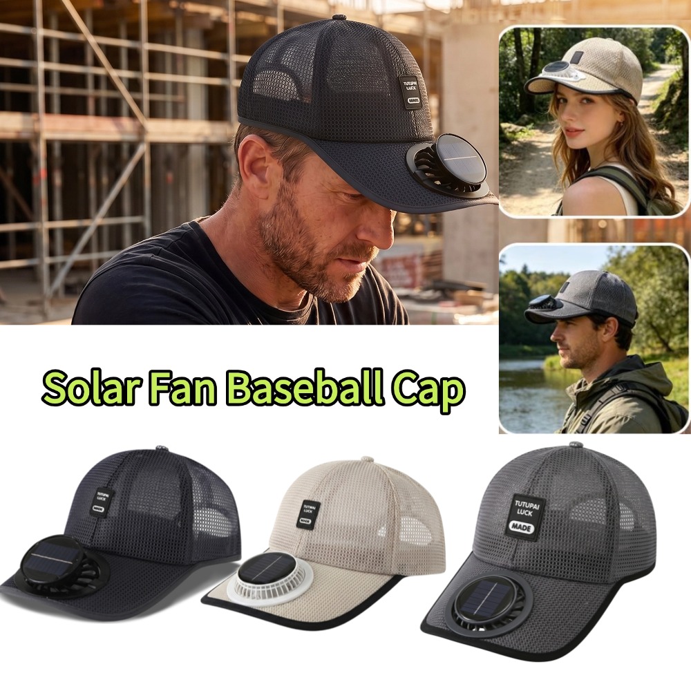 Renewable Energy Fan - หมวกพัดลมพลังงานแสงอาทิตย์แบบ unisex หมวกตกปลาแบบชาร์จไฟได้ ระบายอากาศได้ดี หมวกตาข่ายสำหรับฤดูร้อน เดินทาง
