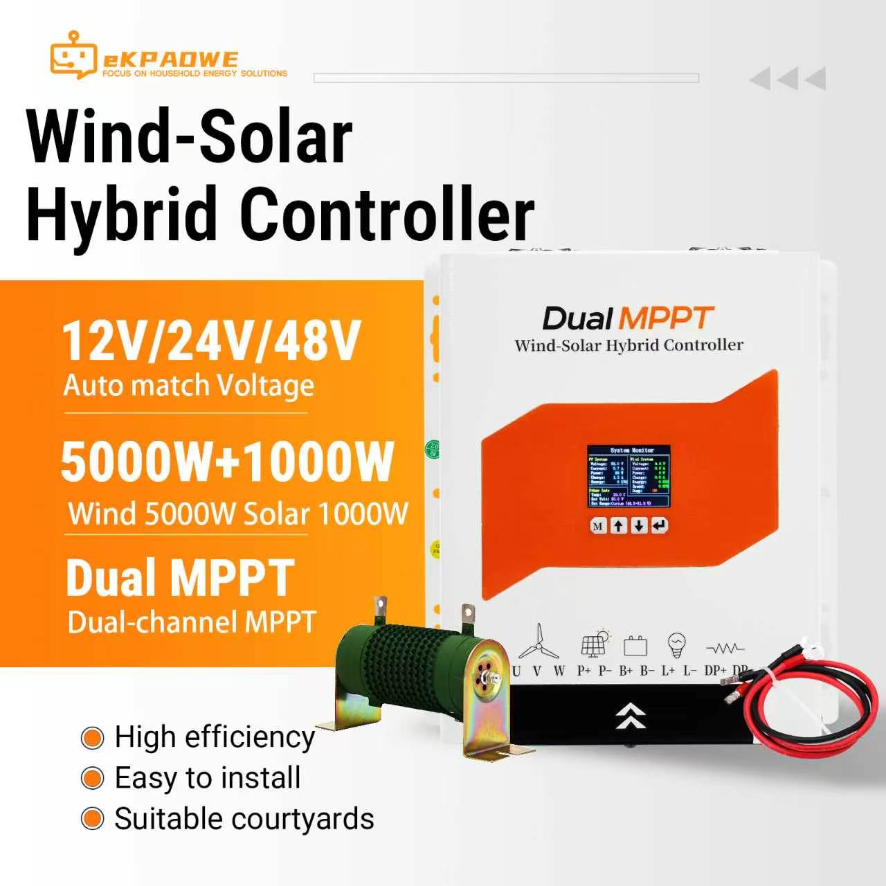 Renewable Energy Grid - ตัวควบคุมการชาร์จแบบไฮบริดพลังงานลมและแสงอาทิตย์ 5000W ลม 1000W แสงอาทิตย์, ระบบติดตามจุดกำลังไฟสูงสุด